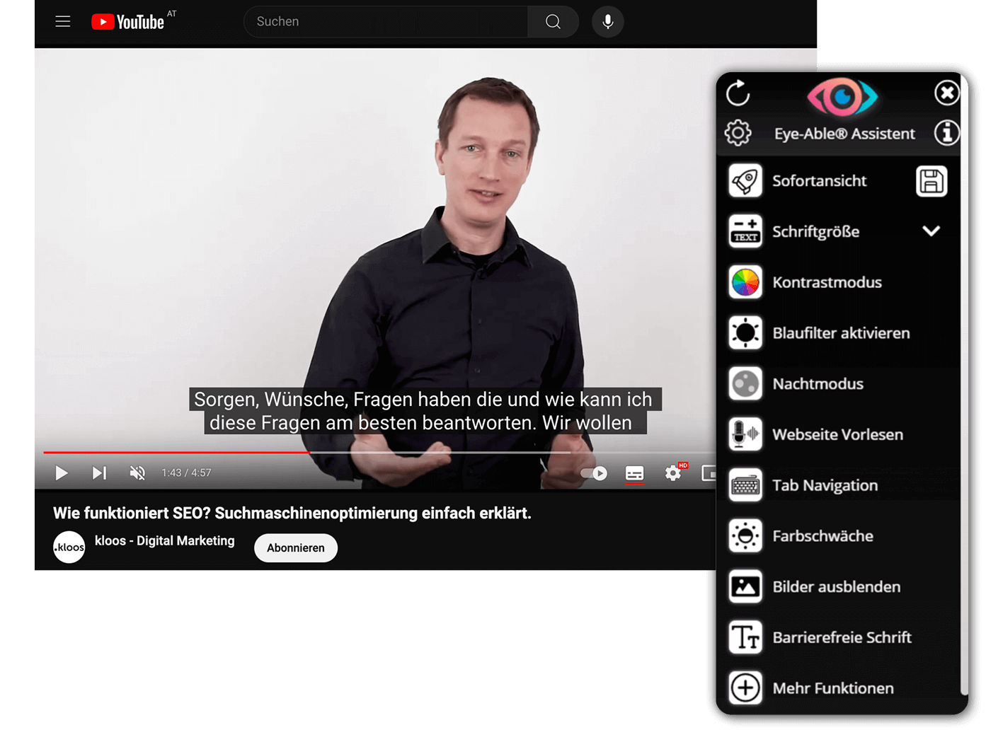 Screenshot eines YouTube Videos mit dem Overlay des Eye-Able-Plug-in